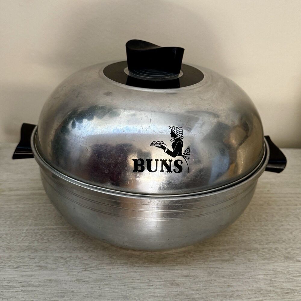 Vintage West Bend Aluminum Serving Oven Bun Warmer Buns Girl Graphic 3 Piece MCM